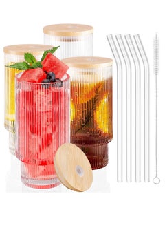 Buy 4 Pcs Set 12 oz Ribbed Drinking Glasses with Bamboo Lids and Straws, Ribbed Glass Cups, Stackable Glasses, Vintage Water Glasses for Juice, Beer, Coffee, Tea and Cocktail in UAE