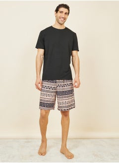 Buy Solid Crew Neck T-shirt and Boho Print Shorts Set in Saudi Arabia