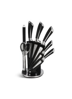Buy EDENBERG Kitchen Knife Set | Carbon Steel Professional Knife Set | Chef, Bread, Utility, Paring, Chopper Knives Set with Sharpener, Shears & Rotary Stand– 8 Pcs (Silver Black) in UAE