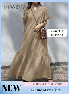 Buy Women Loose Fit Solid Color Maxi Dress with Stand Collar Short Sleeves V Neckline Button Up Closure and Flared Hemline A Line Silhouette in UAE
