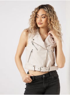 Buy Faux Leather Sleeveless Jacket in Saudi Arabia