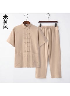 Buy Mens Cotton Linen Tang Suit Summer Casual Beige [short sleeve + trousers]] in Saudi Arabia