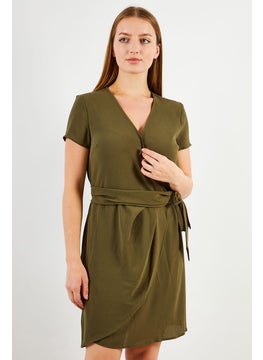 Buy Women Textured Tie Waist Wrap Dress, Dark Olive in Saudi Arabia