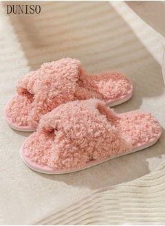 Buy Women's Fuzzy Slippers with Two Cross Band Comfy Plush House Slippers for Indoor Outdoor Fluffy Open Toe Warm Breathable Anti-skid Sole Gift Slippers for Women and Girls in UAE