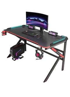 Buy 120 cm Gaming Desk Computer Desk With RGB Dazzle Color Ambiance Lights Home Office Desk Workstation with Carbon Fiber Surface Gaming Table with Headphone Hook and Cup Holder in Saudi Arabia