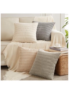 Buy 4 Packs  45x45 cm Neutral Decorative Throw Pillow Covers for Living Room Couch Bed Sofa, Rustic Farmhouse Boho Home Decor, Soft Plush Striped Corduroy Square Cushion Case in Saudi Arabia