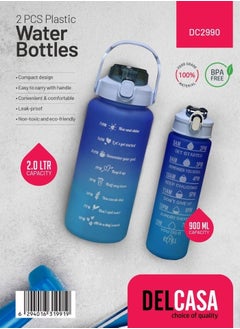 Buy Delcasa Plastic Water Bottle DC2990 Pack of 2, 2.0 L & 900 ML, Plastic Bottle with Volume Tracker and Push Button Mechanism in UAE