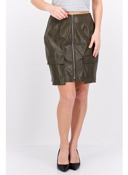 Buy Women Tall Fit Textured Leather Mini Skirt, Dark Khaki in UAE