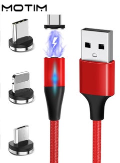 Buy Magnetic Cable Fast Charging Nylon-Braided 3-In-1 Data Transfer Capable USB Charger Compatible With Micro USB Type C And All Product Device Red in Saudi Arabia