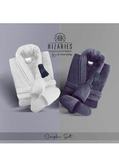 Buy Couple Set Grey & White (2 Velour Bathrobe, 2 Velour Slippers) in UAE