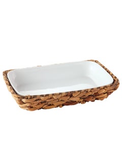 Buy 2-Piece Ceramic Rectangular Serving Dish with Rattan Basket White and Brown 8.5 x 41.5 x 26 cm HB1045-PL in Saudi Arabia