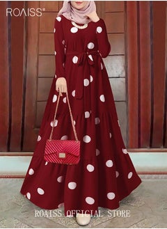 Buy Women Spring Muslim Dress Elegant Casual Loose Abaya Long Sleeved Polka Dots Printed Maxi Robe in Saudi Arabia