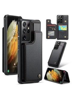 Buy Wallet Case for Samsung Galaxy S21 Ultra, Premium Handmade Durable PU Leather Slim Shockproof Case with [Double Magnetic Clasp] [Card Holder] [Kickstand] [RFID Blocking] (Black) in Egypt