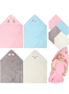 اشتري Baby Bath Towel,4 Pcs 31.5 x 31.5 Inch and Baby Washcloths Soft Microfiber Coral Fleece Absorbent Hooded Towel for Newborn Baby Infant Toddler Shower Gift Supplies في السعودية