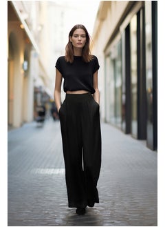 Buy Black Wide Leg Elastic Waist Woven Trousers TWOSS22PL00024 in Egypt