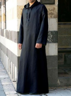 Buy Men's Muslim Robe Thobe Solid Color Hooded Long Sleeve Kaftan With Pockets Casual Shirt Black in UAE
