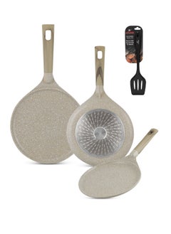 اشتري Crepe Pan Set with Silicone Turner -Die Cast Aluminum Body With Multi Layer Granite Non-Stick Coating | 100% PFOA FREE | Heat-Resistant Handle Hanging Loop (20/24/28 CM, Brown) في الامارات