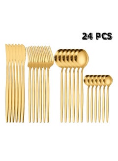 Buy 24 Piece Stainless Steel Flatware Cutlery Set Knife Fork Spoon Teaspoon Flatware Set Gold in Saudi Arabia