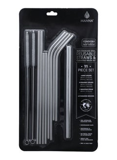 Buy Reusable Straw and Cleaning Brush Set Silver in Saudi Arabia