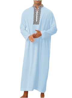 Buy Men's Muslim Stand Collar Printed Loose Robe Thobe Long Sleeve Zipper Kaftan Light Blue in UAE