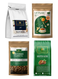 Buy Fine Robusta Whole Beans Coffee 250G, Premium Yellow Whole Beans Coffee 250G, Cinnamon Orange Herbal Tea, Wood Fire Roasted Cashews 500G - Combo Pack 4 in 1 in UAE