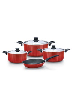 Buy 7-Piece Non-Stick Aluminum Cookware Set With Heat Resistant Handles Red, 20cm, 24cm, 26cm Pots With Stainless Steel Lid, 24cm Frypan in Saudi Arabia