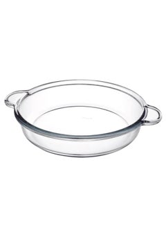 Buy Borcam Round Glass Baking Tray With Handles, 1850 Ml Capacity, 54 Mm Height, 309X256 Mm Diameter - Clear in UAE