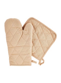 اشتري 2-Piece Gloves/Oven Mitt And Pot Holder Set Beige في الامارات