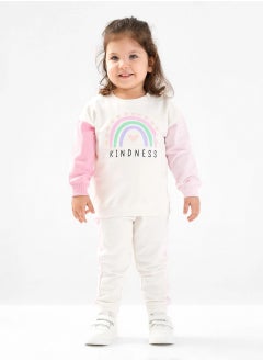 اشتري Bonfino 100% Cotton French Terry Full Length Drop Shoulder Color Block Winter Wear Co-ord Set with Rainbow Print - White(9-24M) في الامارات