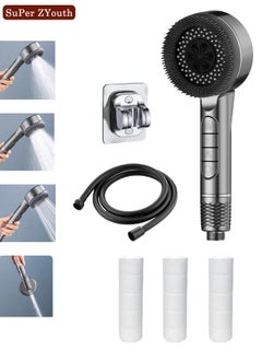 Buy Shower Head-4 Spray Settings Filtered, Hard Water Softener Filtered ,  Shower Head with 60" PVC Hose and Stand, 3 Extra Cotton Filters, with Silicone Massage Brush, Gray in Saudi Arabia