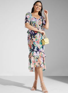 Buy Peplum Waist Tiered Ruffle Midi Dress in UAE