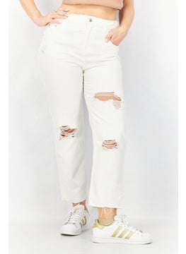 اشتري Women Slouchy Fit Rip Non Stretchable Jeans, White في السعودية