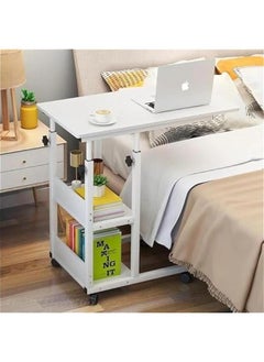 Buy Bedside Tables, Mobile End Table Height Adjustable Bedside Table Laptop Rolling Cart C Shaped TV Tray with Storage Shelves for Sofa Couch (White) in UAE