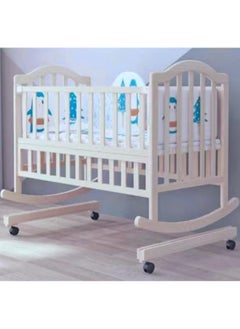 Buy Multi-purpose wooden baby bed - white, can be converted to rocking mode when the wheels are removed in Saudi Arabia