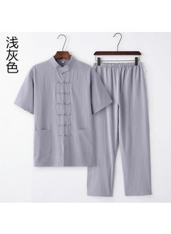 Buy Mens Cotton Linen Tang Suit Summer Casual Light gray [short sleeve + trousers]] in Saudi Arabia