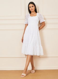 Buy Smocked Detail All Over Lace Tiered Midi Dress in Saudi Arabia