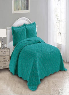 Buy Fancy Linen 3pc Embossed Coverlet Bedspread Set Oversized Bed Cover Solid Modern Squared Pattern New # Jenni (Full/Queen, Turquoise) in UAE