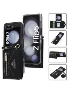 Buy Genuine Leather Phone Case for Samsung Galaxy Z Flip 5 5G, Leather Phone Card Holder,Crossbody Wallet Case for Women with Long Strap Protection Case for Galaxy Z Flip 5 in UAE