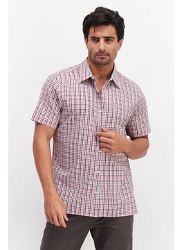 اشتري Men Stretch Fit Checkered Short Sleeve Casual Shirt,Red/White في السعودية