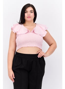 Buy Women Ruffle Neck Cap Sleeve Solid Top, Pink in UAE