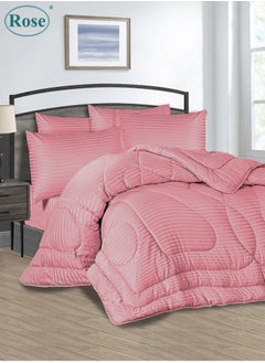 Buy ROSE Classic tripped luxury hotel comforter, Made of premium Microfiber, Set of 6 pieces, Soft lightweight, King size ( 260x240)cm, Pink in Saudi Arabia