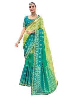 اشتري Silk double color shades of Blue and Green Saree having beautiful Embroidery Border All Over Plus Unstitched Blouse في الامارات