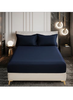 اشتري Bedding Fitted Sheet 3-Pcs King Size Solid Bed Sheet Set Fits(180x200CM) With Pillowcases And 35 CM Extra Deep Brushed Microfiber Bed Sheet,Navy في السعودية