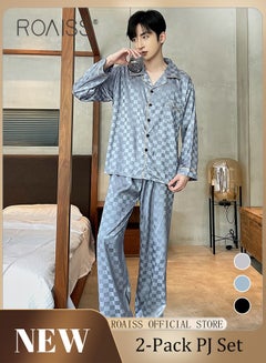 Buy 2-Piece Set Men's Long Sleeves Sleepwear Sets Satin Checked Printing Sleepwear Pajamas Pants Silk Nightgown Male Loose Shirts Spring Summer Loungewear Home Clothes in UAE