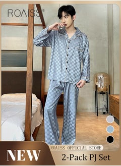 اشتري 2-Piece Set Men's Long Sleeves Sleepwear Sets Satin Checked Printing Sleepwear Pajamas Pants Silk Nightgown Male Loose Shirts Spring Summer Loungewear Home Clothes في الامارات