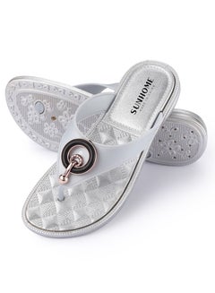 Buy Embellished detail flat slippers silver in UAE