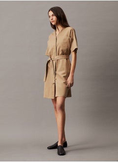 Buy Women's Oversized Linen Belted Shift Dress -  cotton linen blend, Grey in UAE