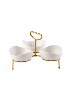 Buy Shallow Porcelain 3- 13cm Bowl Serving Set with Gold Stand Rack in UAE