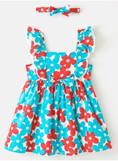 اشتري Babyhug 100% Cotton Woven Frill Sleeves Floral Print Frock With Headband - Red/Blue/White(12-24M&2-6Y) في الامارات