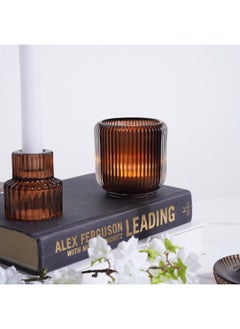 اشتري Arthur Glass Tealight Ribbed Candle Holder Dia8.5x8.5cm- Brown في الامارات